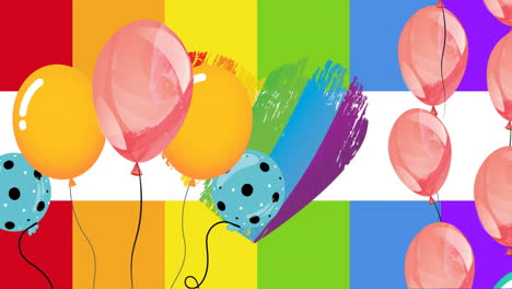 animación de globos coloridos sobre el arco iris corazón en el fondo del arco iris