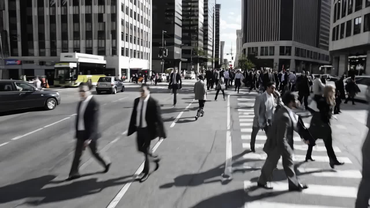 Busy city street with diverse crowd crossing. People in business attire, bustling urban scene