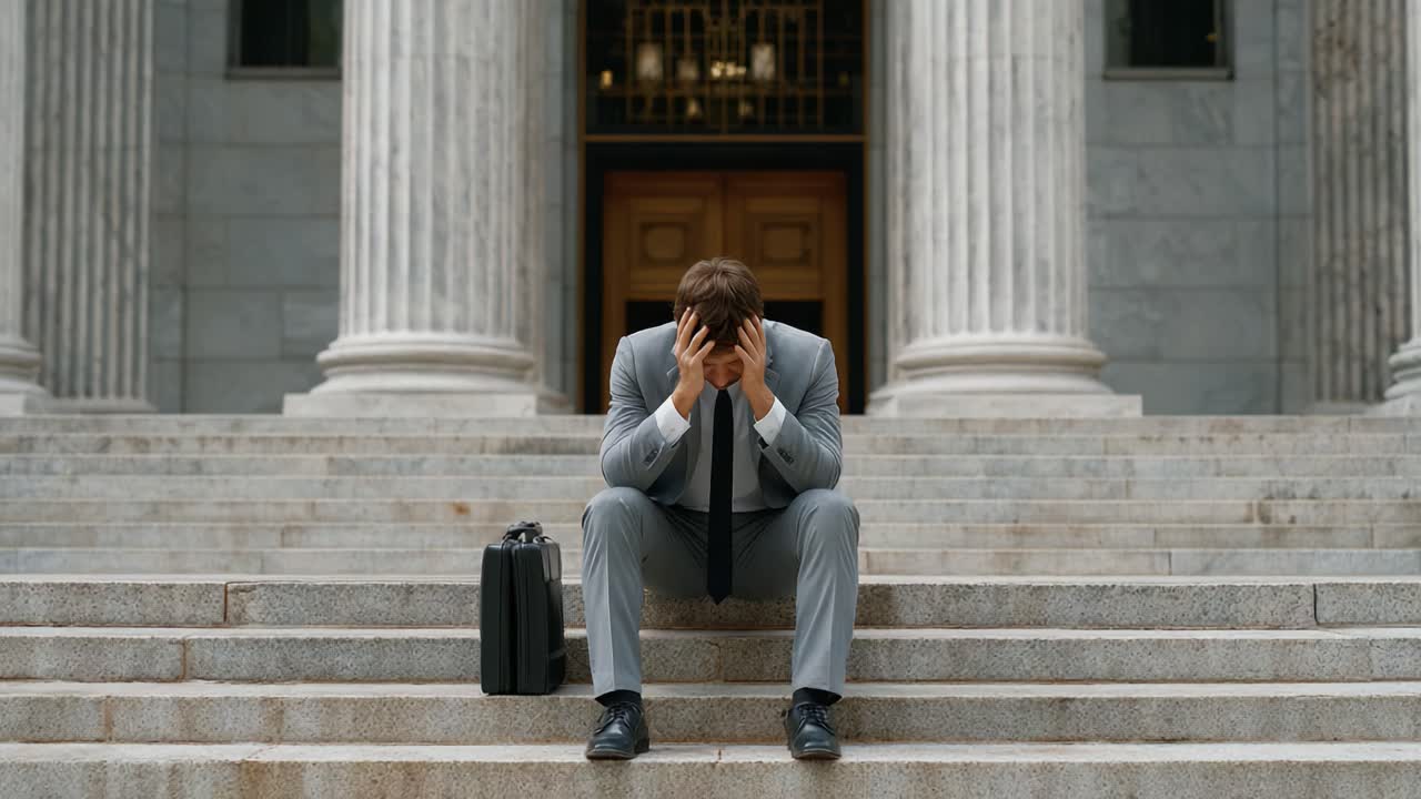 A Frustrated Businessman Sits Alone on Courthouse Steps, Overwhelmed by Stress and Anxiety After a Difficult Legal Situation or Decision, Reflecting on His Challenges
