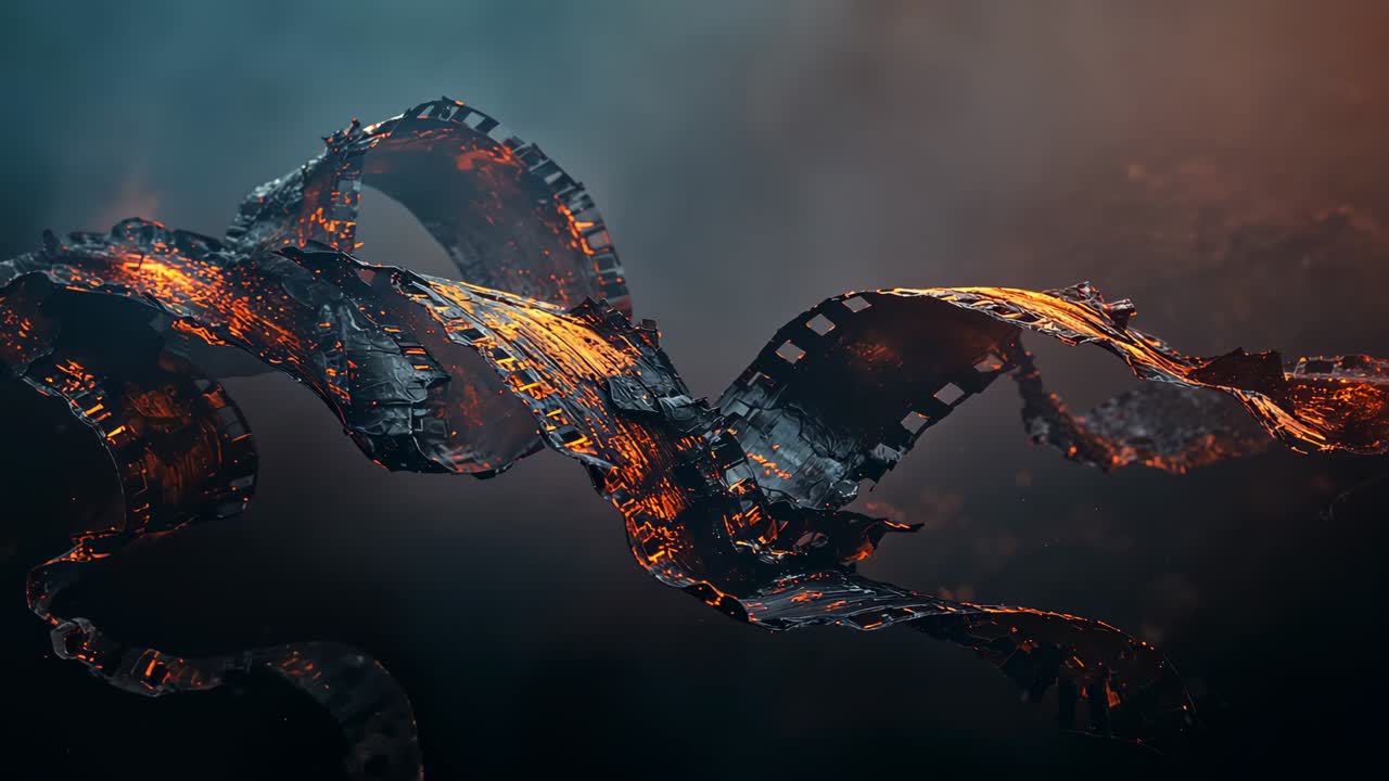 At start rotating metal film strip waving in smoky void, showing drifting ember particles