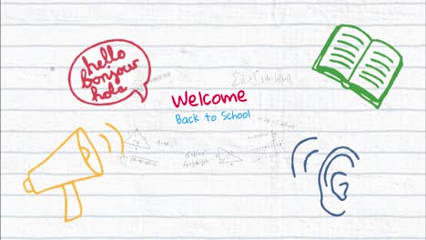 Animation-of-welcome-back-to-school-text-over-school-items-icons