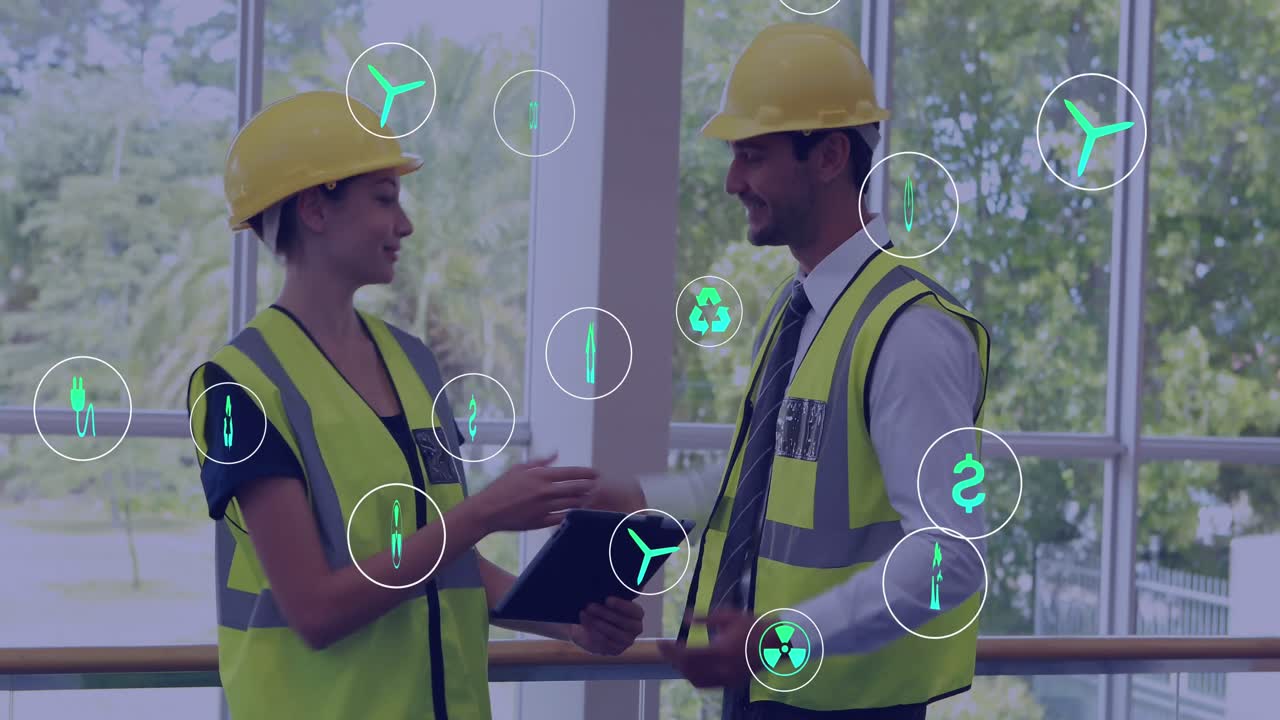 사무실에서 다양한 비즈니스 사람들에 대한 아이콘과의 연결의 애니메이션