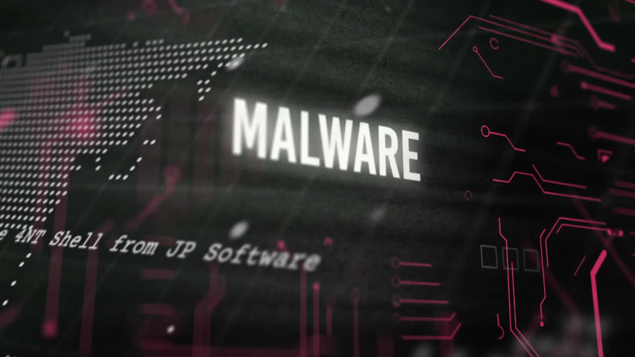 Animation of malware text and world map over black background