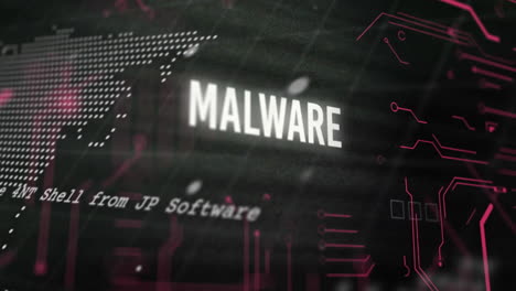 Animación-De-Texto-De-Malware-Y-Mapa-Mundial-Sobre-Fondo-Negro