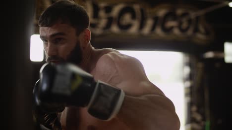 Adult-boxer-in-black-boxing-gloves-hitting-punching-bag.-Boxer-training-in-gym