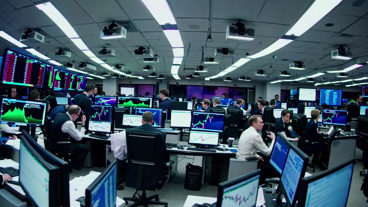 Wide-angle shot of a bustling trading floor with multiple screens displaying stock data