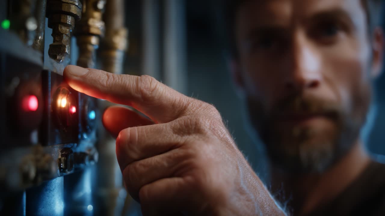 A focused technician operates complex machinery controls, highlighting precision and attention to detail in a dimly lit environment, showcasing the intricacies of technology