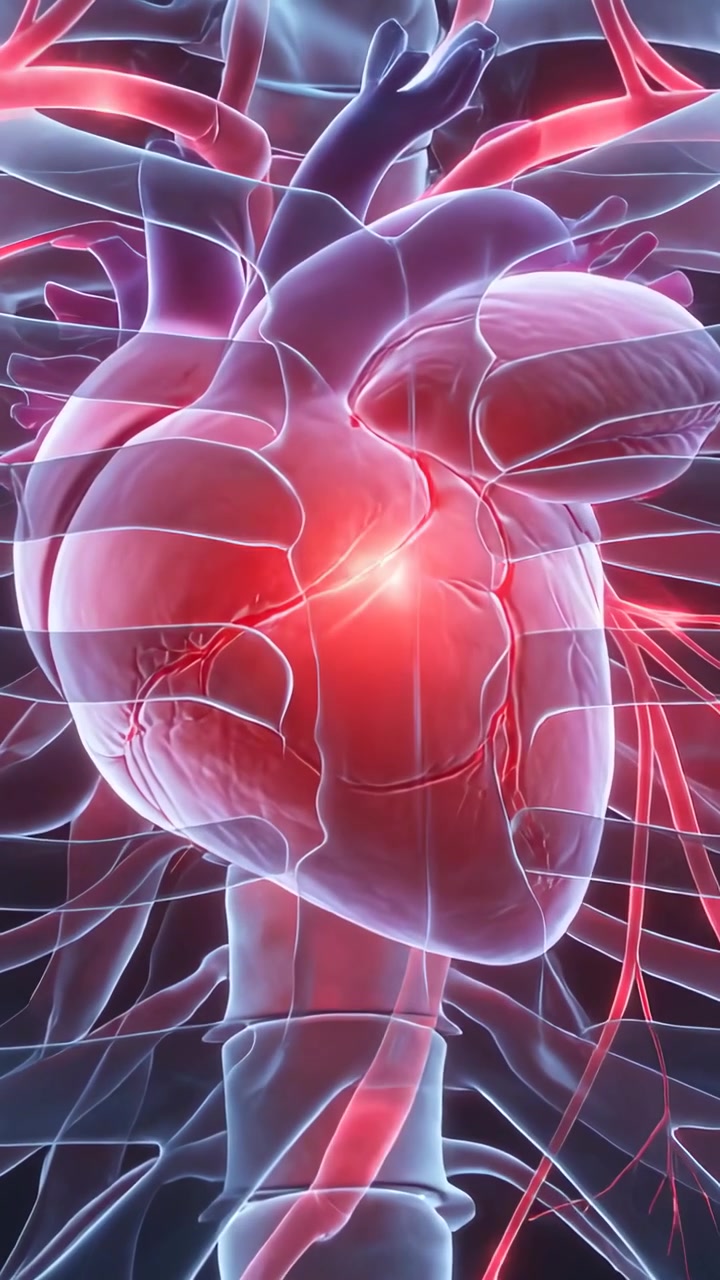 Video verticale: Zoom della telecamera che fa pulsare e muovere un cuore all'interno della gabbia toracica, mostrando un bagliore centrale.
