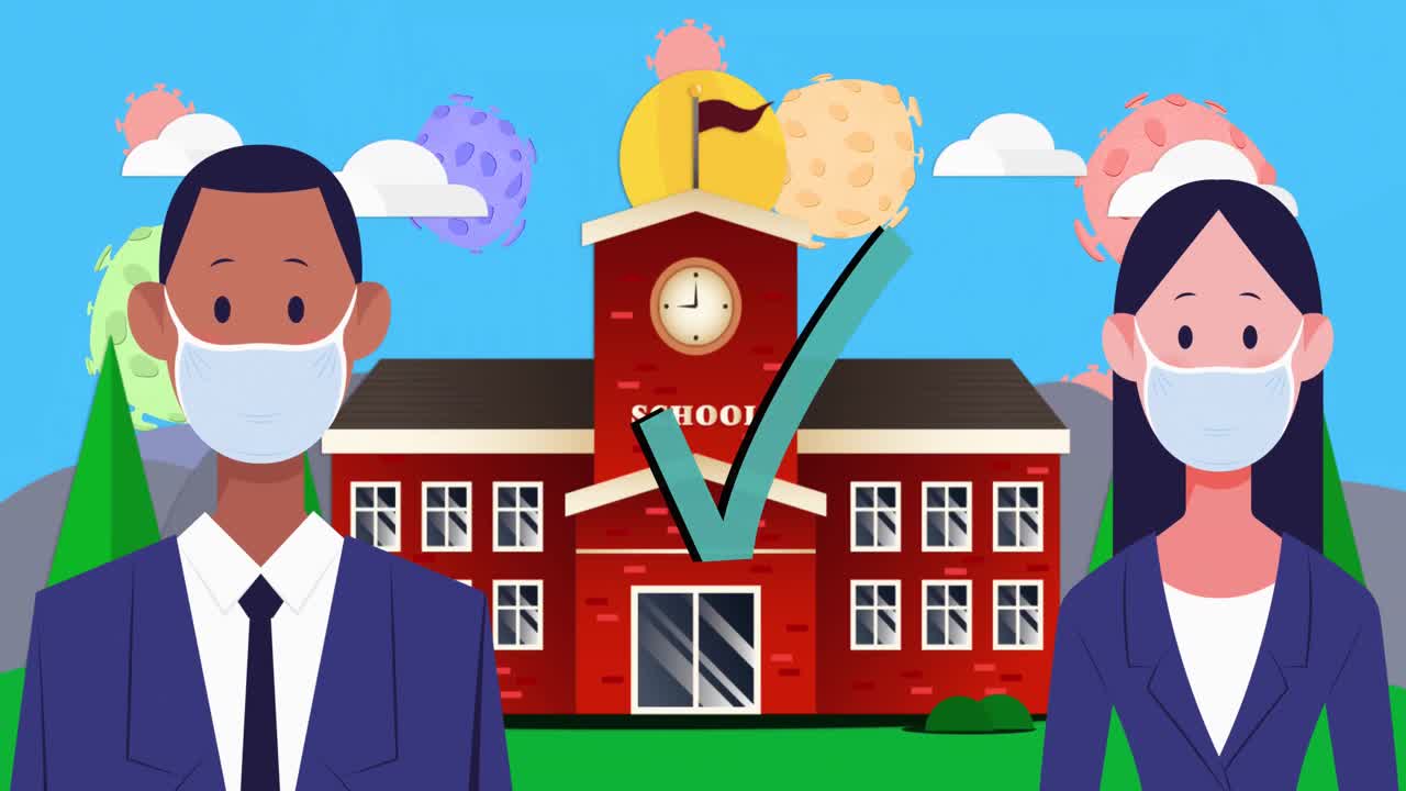 학교 건물과 코로나바이러스 세포 위에 마스크를 쓴 사람들이 있습니다.