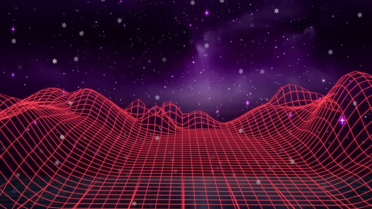 Una barra al neon che appare, formando un triangolo, raggi che scorrono, una griglia che si forma, la telecamera che scivola, una cornice che collassa