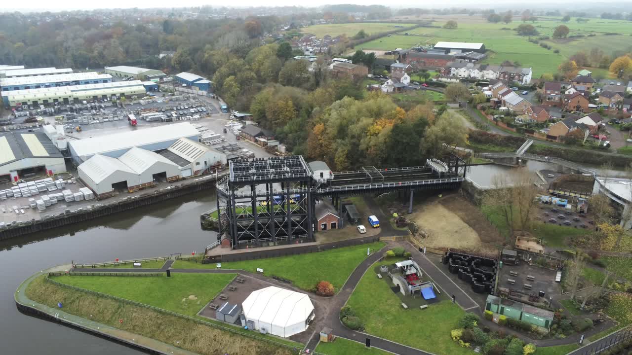 Industrial Victorian Anderton canal boat lift Aerial view River Weaver birdseye zoom out high