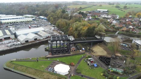 Industrial-Victorian-Anderton-canal-boat-lift-Aerial-view-River-Weaver-birdseye-zoom-out-high