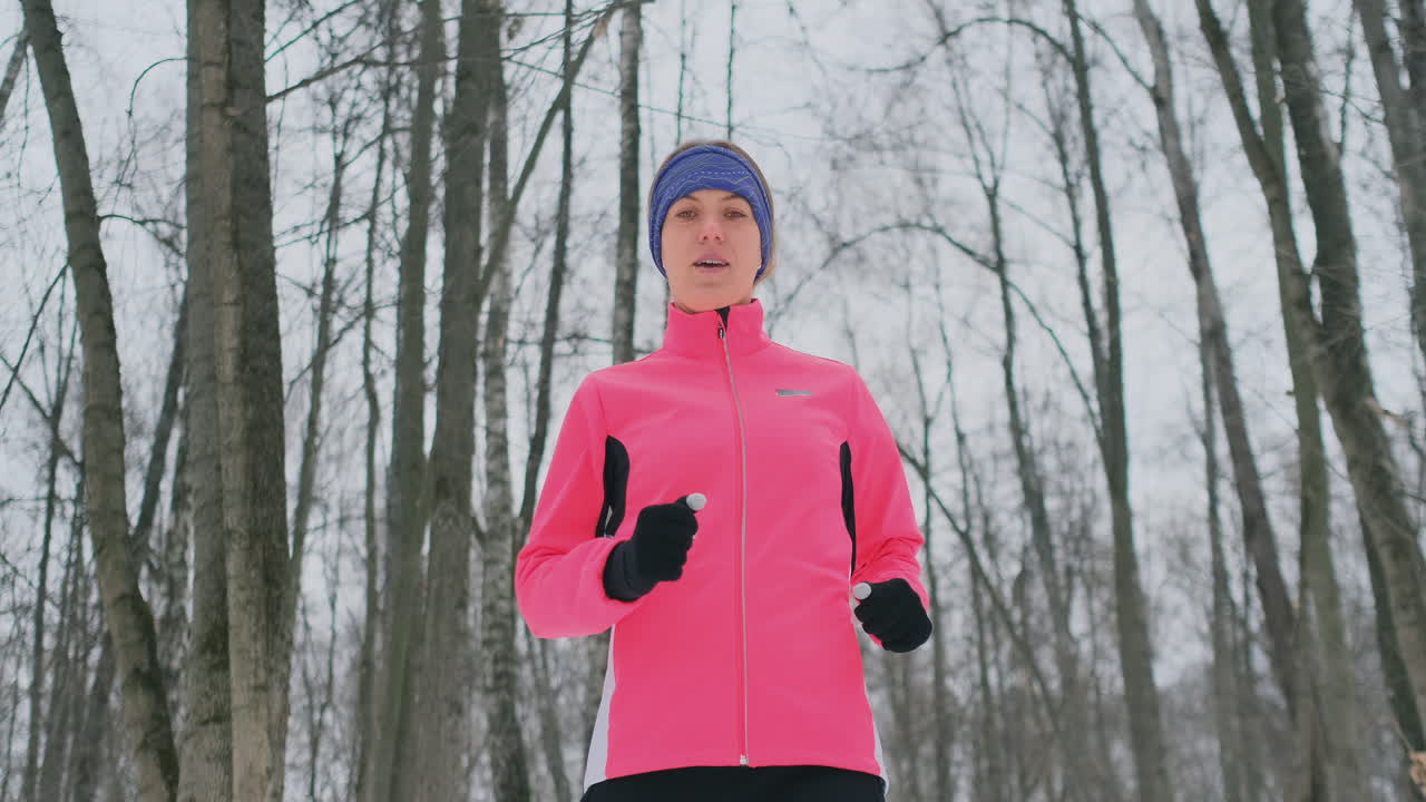 Woman Running at snowly winter under sunlight.
