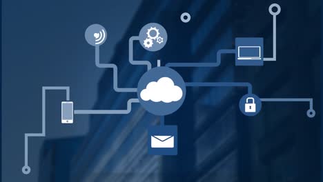 animation of network of digital icons against low angle view of tall building