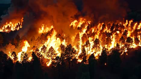 a large fire burns through a forest at night