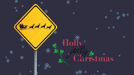 Animation-of-christmas-greetings-text-over-road-sign-with-santa-claus-in-sleigh-christmas-decoration