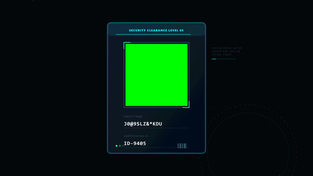 Futuristic Digital Security Clearance Interface with Green Screen Placeholder