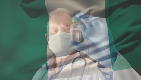 Animación-De-La-Bandera-De-Nigeria-Ondeando-Sobre-Un-Médico-Con-Mascarilla-Y-Sosteniendo-La-Vacuna