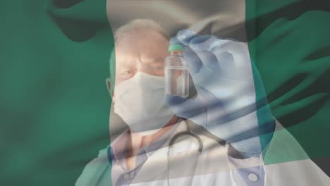 animación de la bandera de nigeria ondeando sobre el médico con máscara facial y con la vacuna en la mano