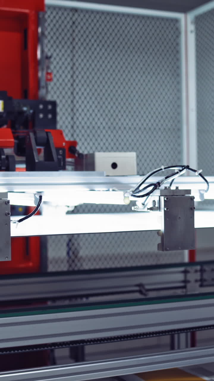 Production of solar panels. Automated equipment at work inside the modern industrial plant. Close-up. Vertical video