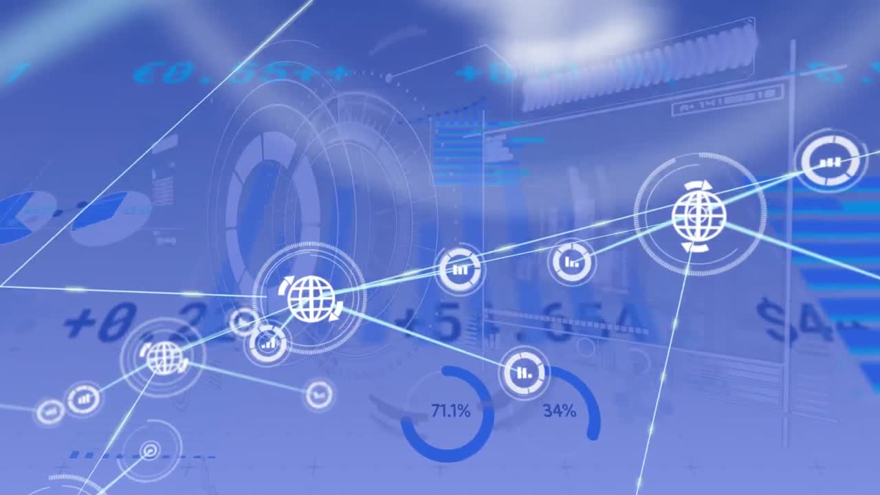 animación de la red de iconos digitales y interfaz con el procesamiento de datos contra un fondo azul