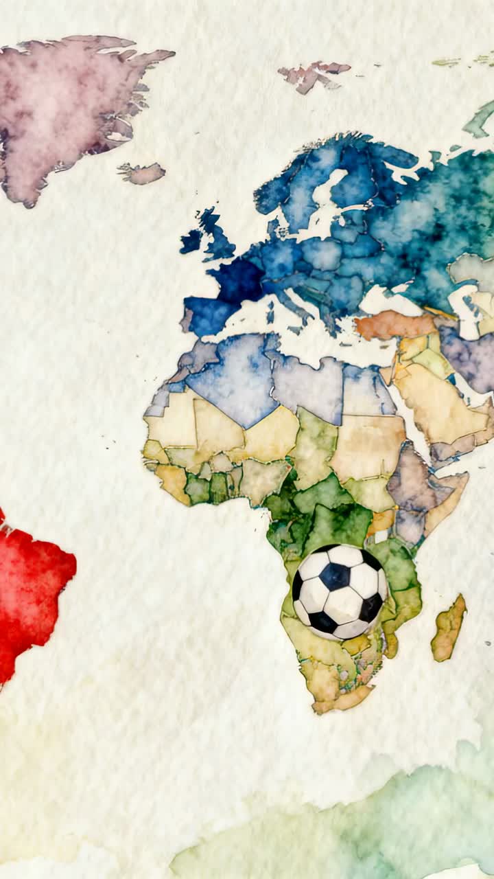 Vídeo vertical: Tons de mapa pintado mudando no papel, mantendo bola de futebol sobre a África Austral.