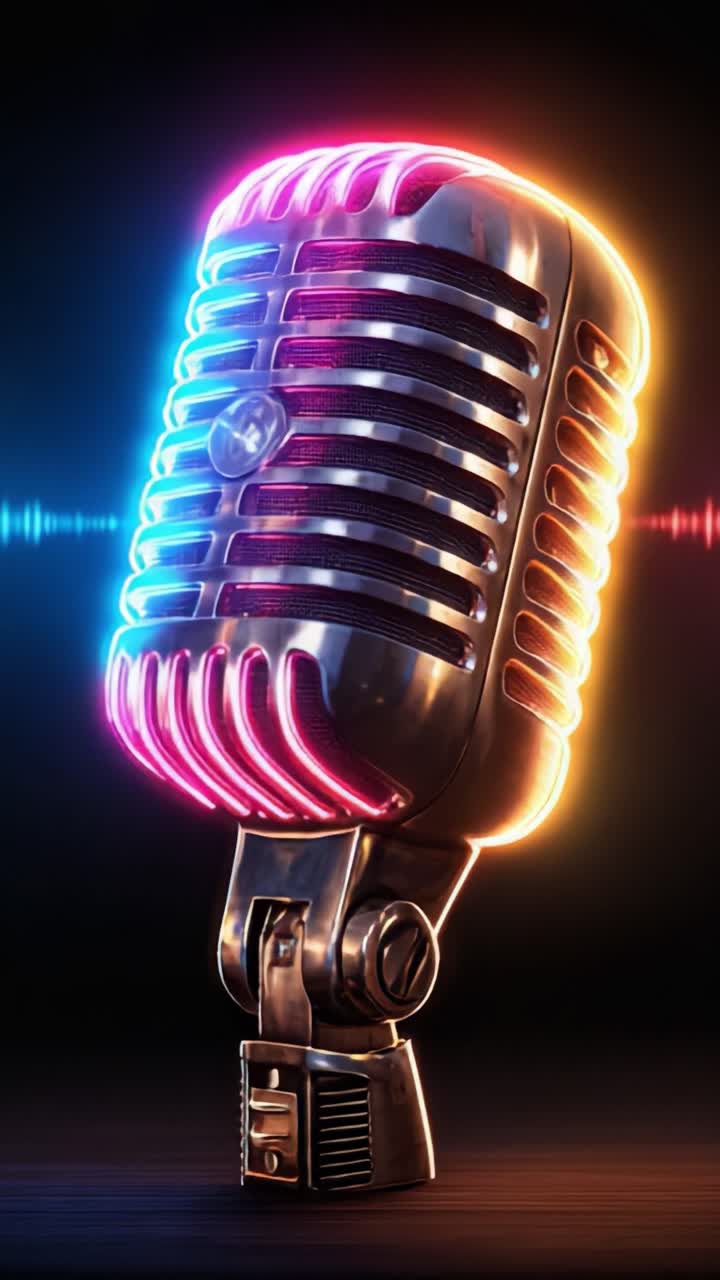 Uno splendido microfono retrò illuminato da colori vivaci, che cattura perfettamente l'essenza del suono e della musica attraverso il suo design unico e la sua energia.
