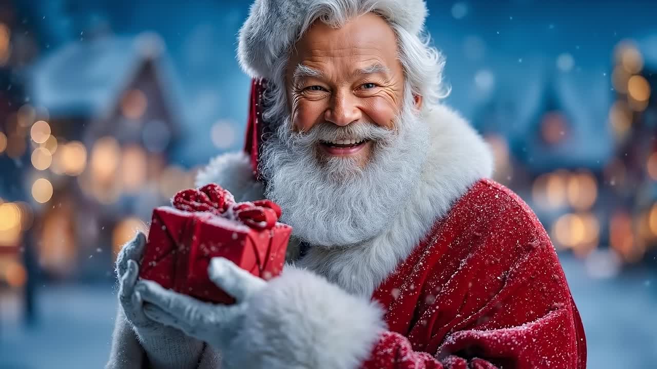 A man dressed as Santa Claus holding a red gift box