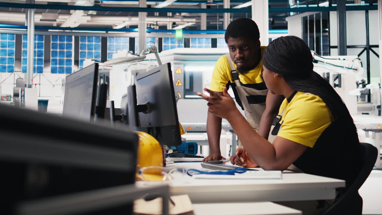Vertical Video Team of black engineers finetuning manufacturing on solar panels at the factory