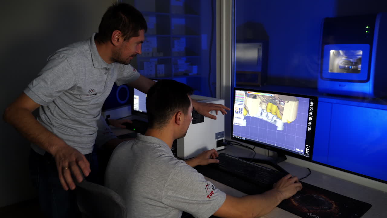 Dental technician in process of work. Dental technician working with tooth dentures in laboratory