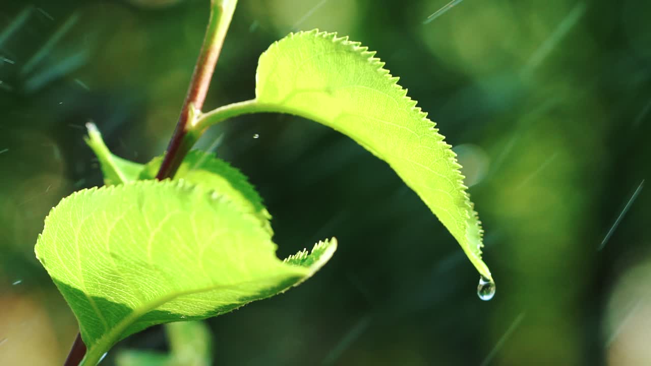 Rain water falling on green leaves. Water droplet slides off a green leaf. Slow motion