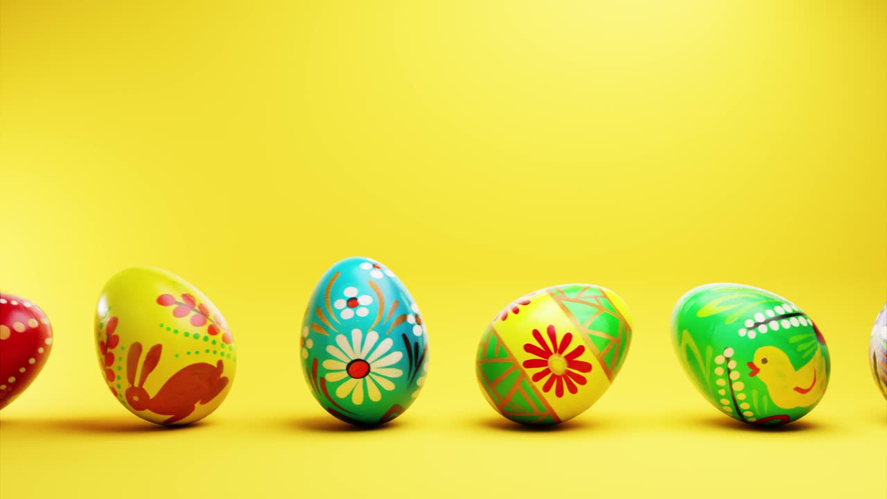 Colorful Painted Easter Eggs Rolling on Yellow Background