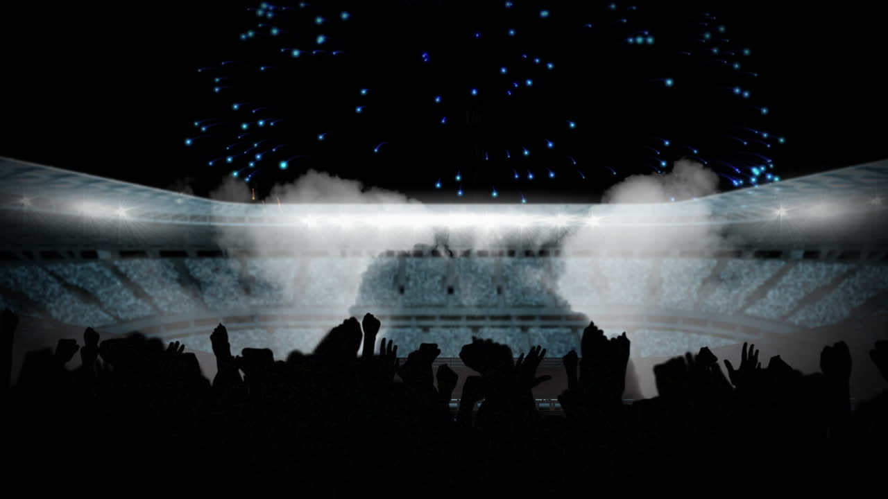 불꽃놀이와 경기장 위에 손을 들어 올리는 애니메이션