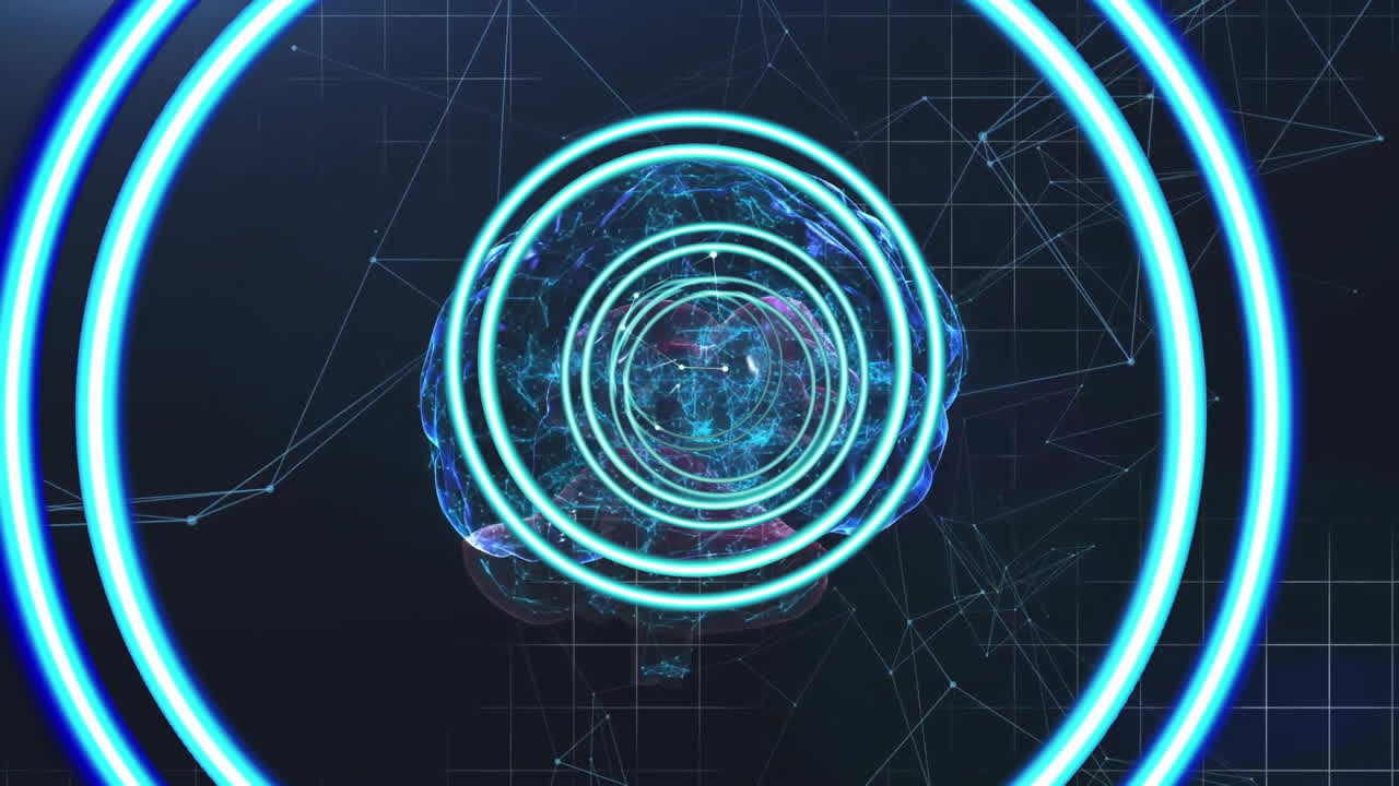 animación del procesamiento de datos sobre el cerebro humano en fondo oscuro