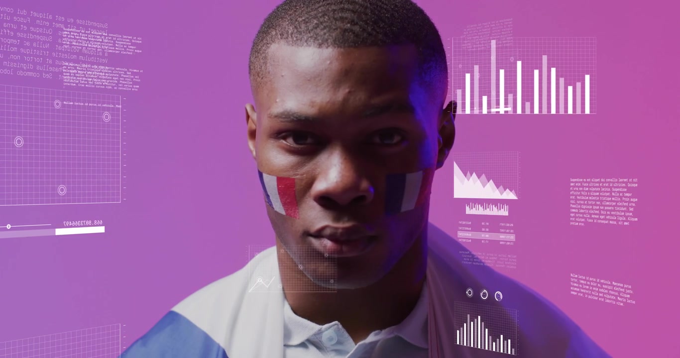 Young Black Man with French Flag Face Paint and Digital Data Overlays