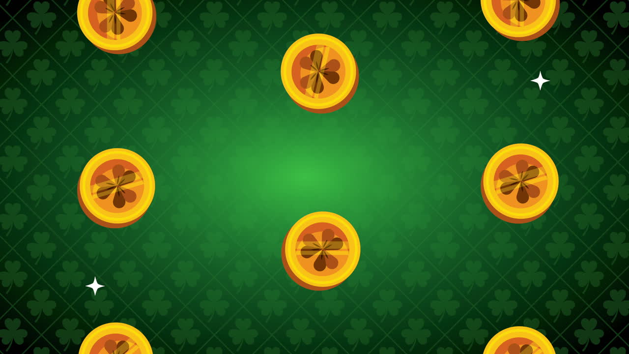 tarjeta animada del día de san patricio con monedas y tréboles