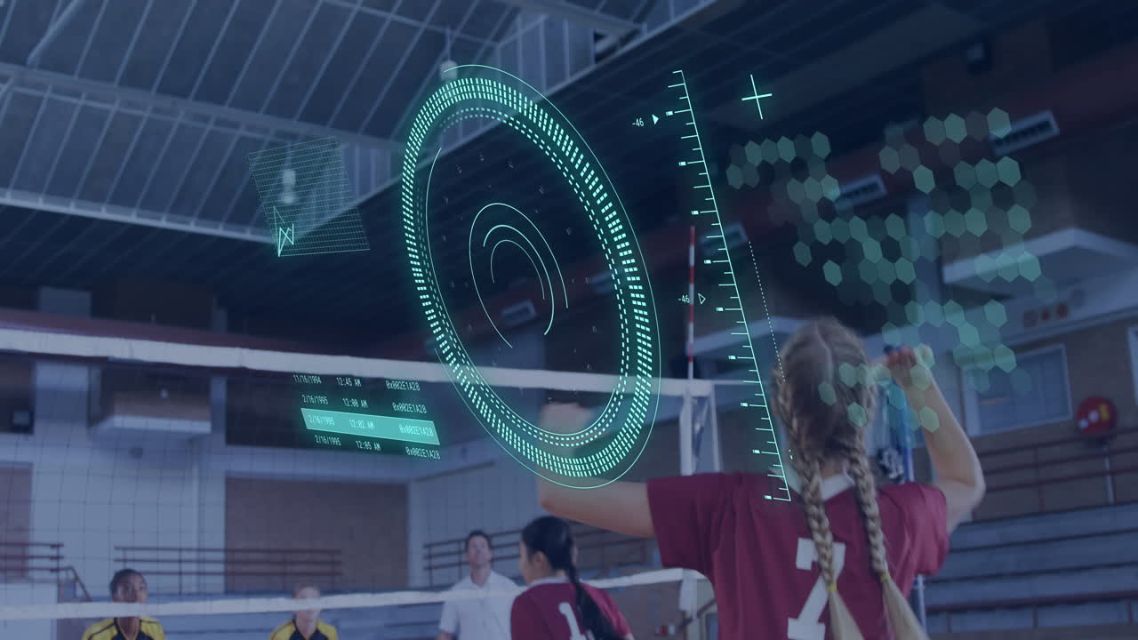 체육관에서 배구 경기를 하는 다양한 여성들에 대한 스 ⁇  스캐닝과 데이터 처리의 애니메이션