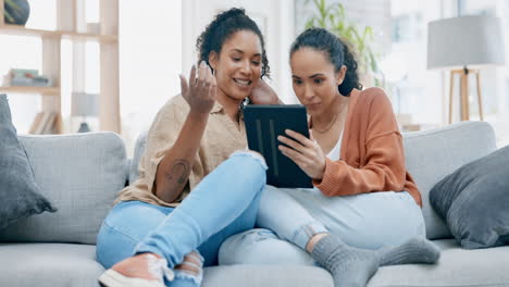 Lgbtq-couple,-tablet-and-talking-on-home-sofa-to