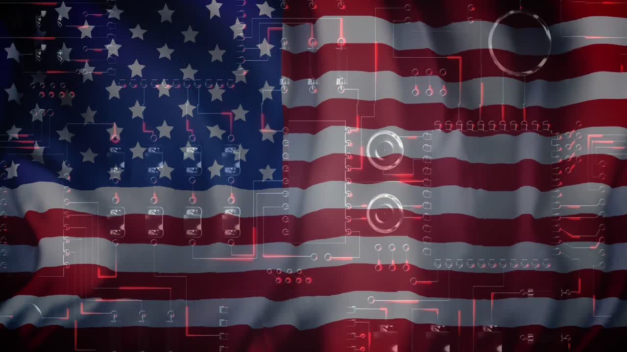 animación de un servidor de computadora sobre la bandera de los estados unidos de américa