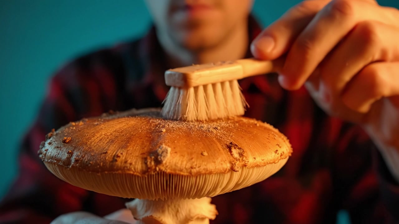 Eine Person reinigt und bereitet einen Pilz für das Kochen oder den kulinarischen Gebrauch mit einer weichen Bürste in einer gut beleuchteten Umgebung vor, die Texturen und Details des Pilzes zeigt.
