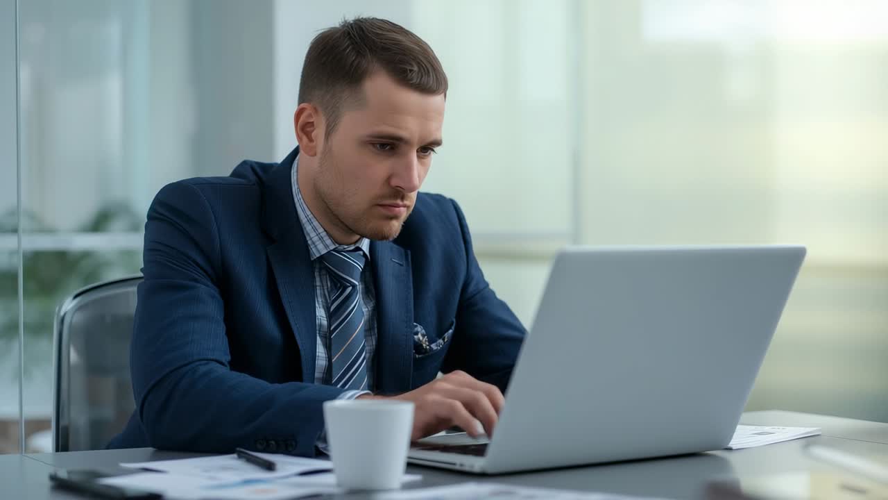 Leaning forward businessman starting to type on laptop at office desk, referencing documents