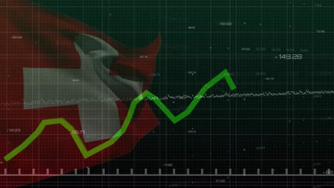 Animation-of-data-processing-and-graphs-over-flag-of-switzerland-on-black-background