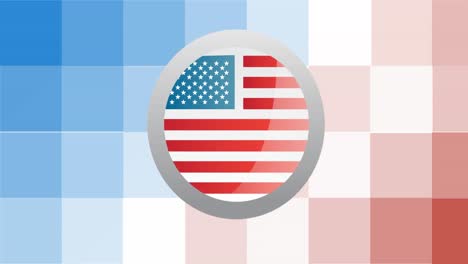 Animation-of-badge-with-american-flag-on-red,-white-and-blue-pixels
