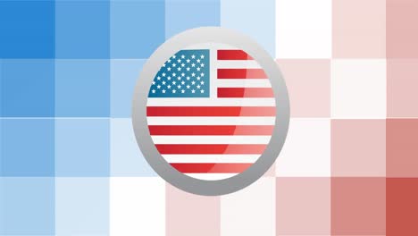 animation of badge with american flag on red, white and blue pixels