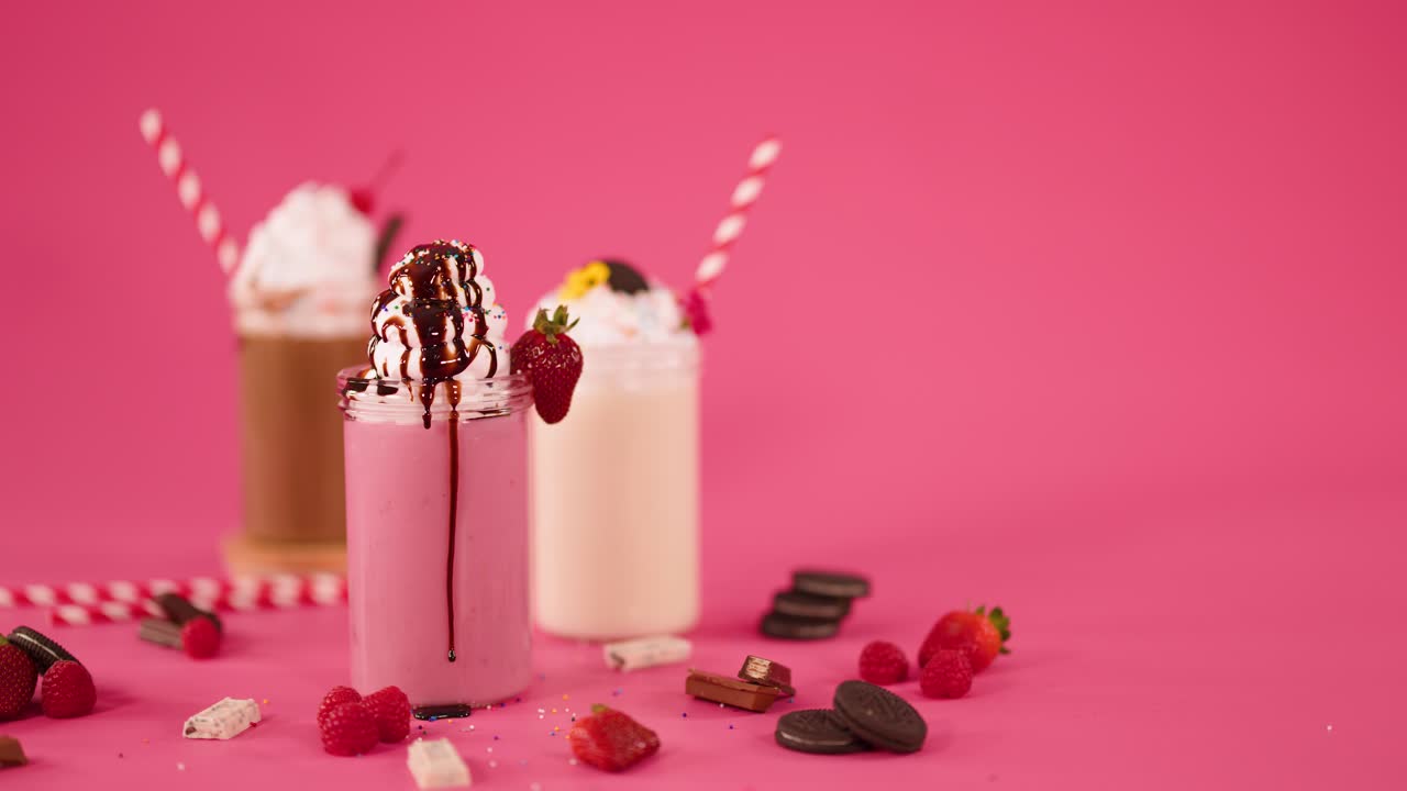 Frullato alla fragola con cioccolato fuso, panna montata e frutta, fotografato in studio con illuminazione intensa