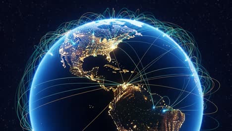 a stunning visualization of global connectivity through light trails over earth's surface, highlighting major cities and network connections across continents