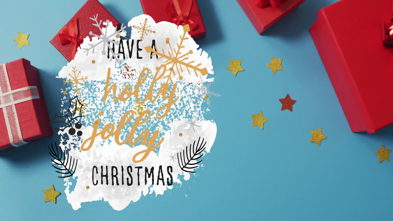 Christmas animation with festive message and gifts on blue background with stars