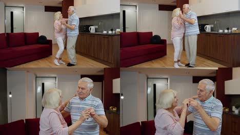Happy-mature-senior-couple-dancing-laughing-in-kitchen-at-home,-celebrating-anniversary,-having-fun