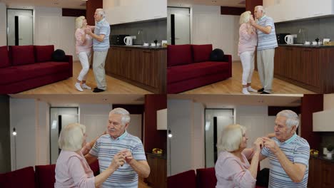 Feliz-Pareja-De-Ancianos-Maduros-Bailando-Riendo-En-La-Cocina-De-Casa,-Celebrando-El-Aniversario,-Divirtiéndose