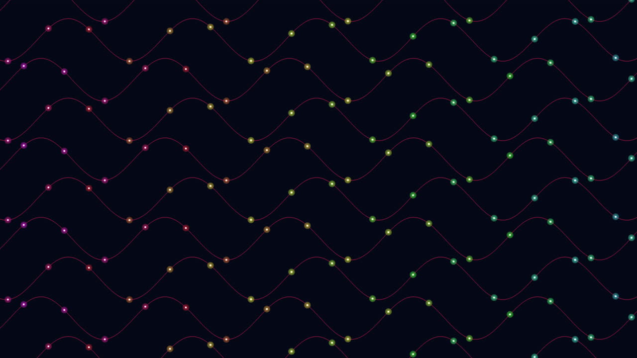 Abstract black and white wave pattern with colored dots arranged in a zigzag fashion, repeating to form a larger visual motif